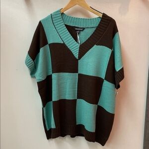 DAVI & DANI V-Neck Sweater in Teal and Brown